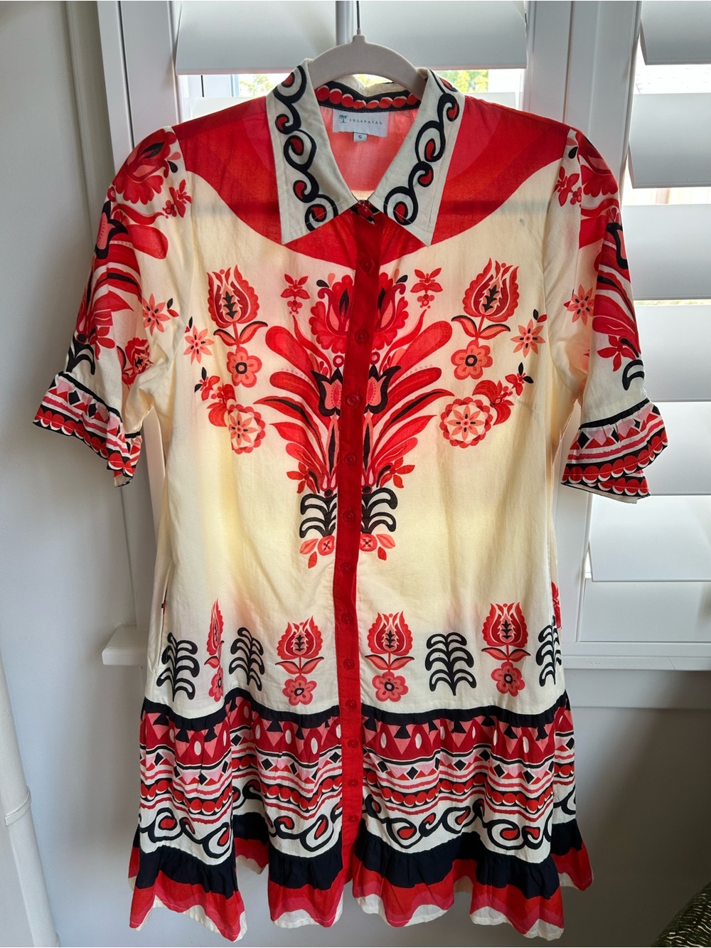 Islapayal Red, Navy  & Cream Floral Embroidered Shirt Dress - Designer